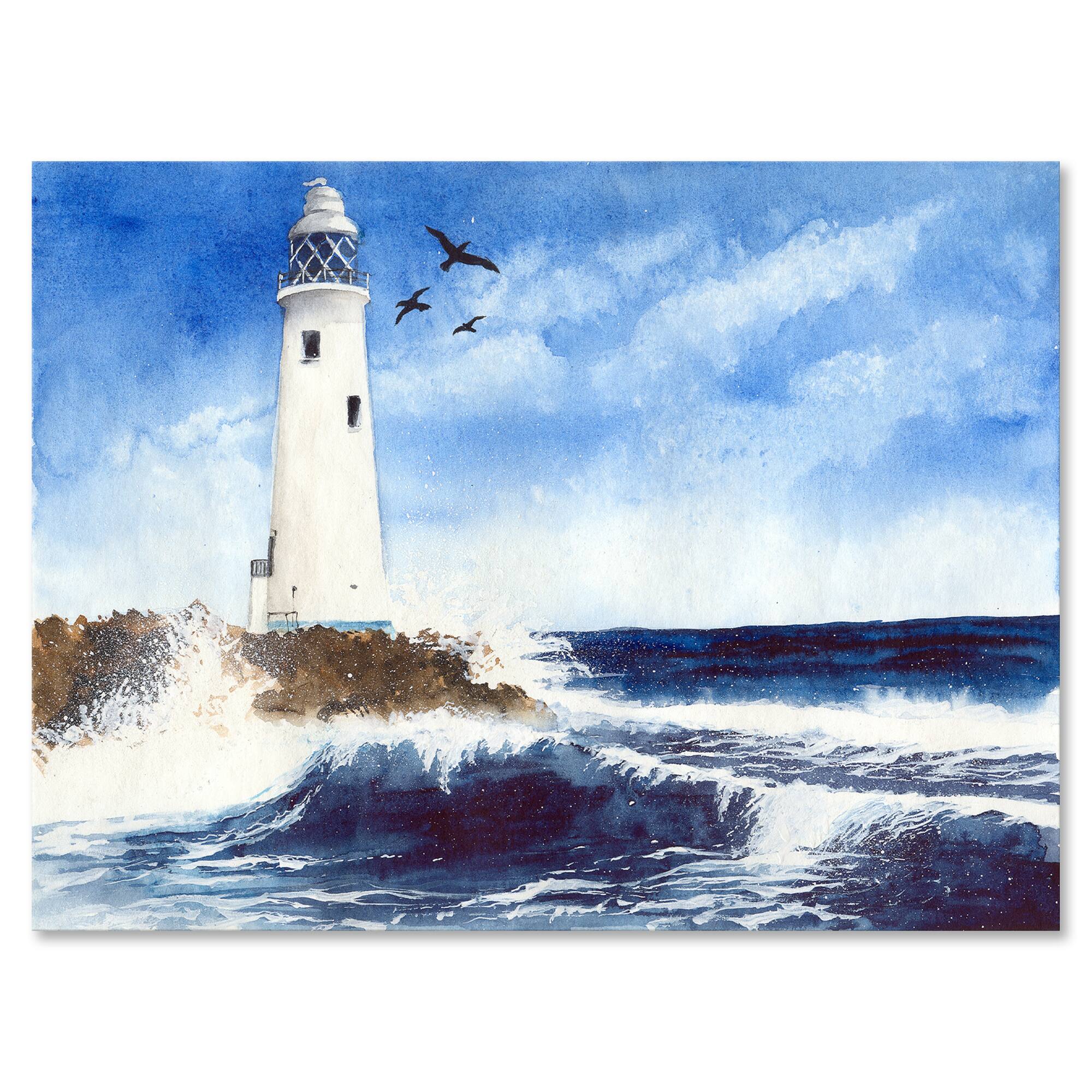 Designart - Lighthouse On The Rocky Island With Seagulls